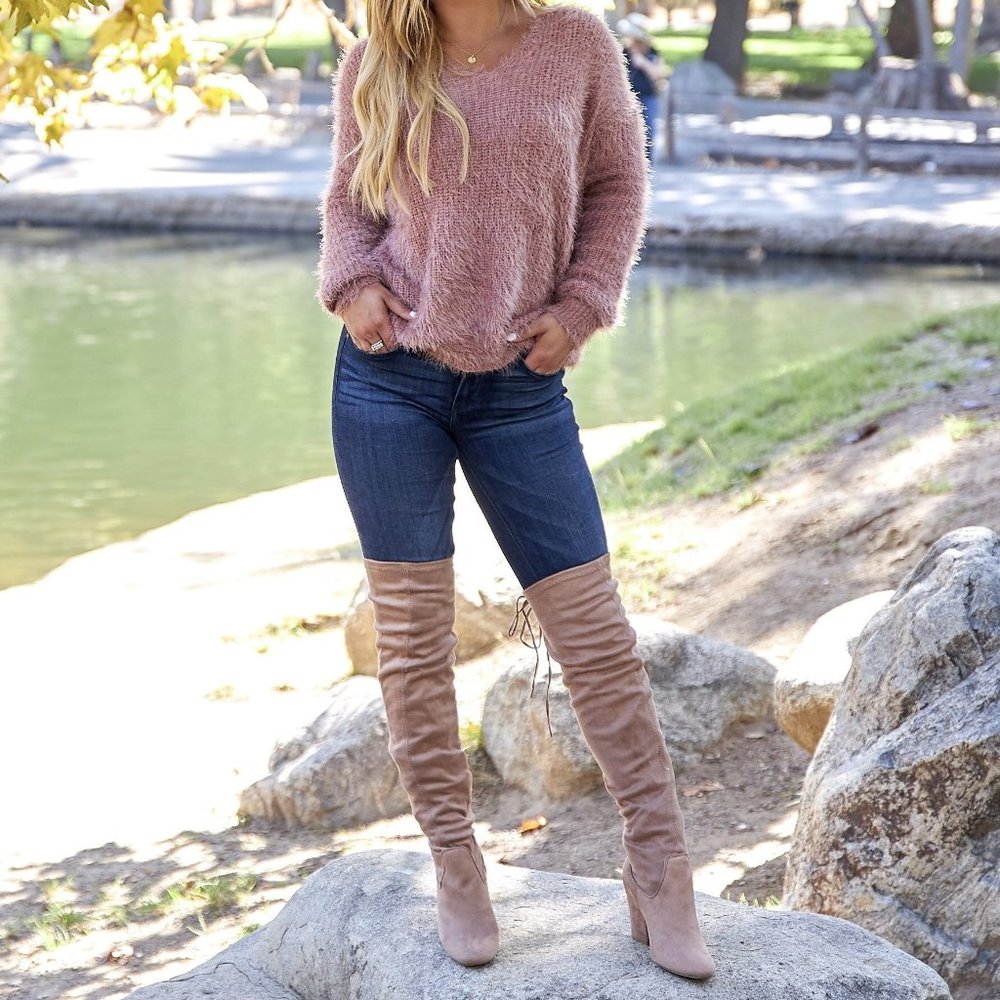 Faux Suede Thigh High Drawstring Chunky Heel Boot